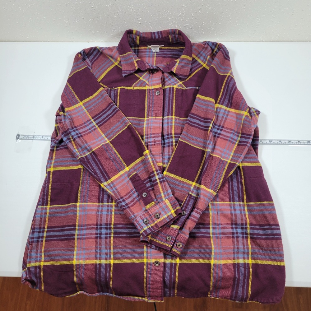 Duluth Trading Co Flannel Shirt Womens XL Purple Excellent Plaid Side Pockets - Picture 3 of 9